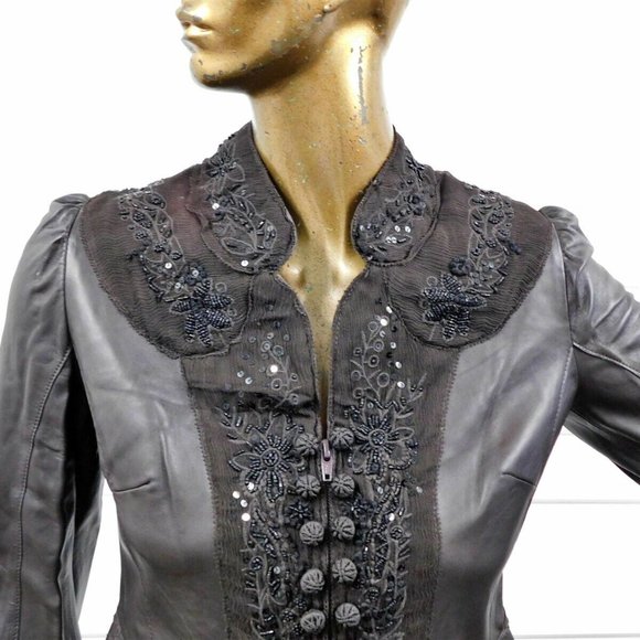New Jon $968rt Brown Leather Beaded Sequin Jacket sz 6‎ - Picture 2 of 5